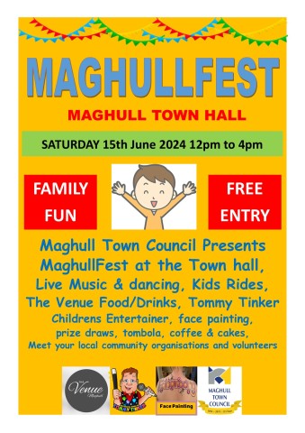 Poster for MaghullFest at Maghull Town Hall Saturday 15th June between 12 noon and 4pm